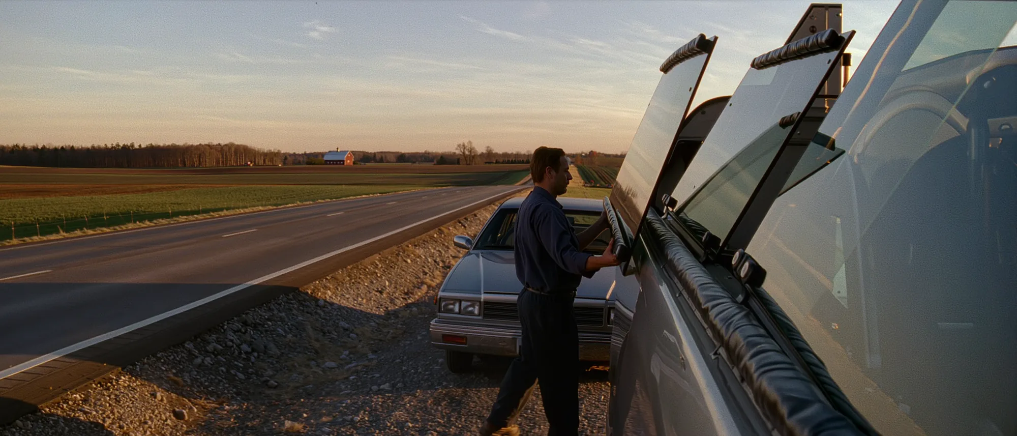 A technician lifting a windshield off the rack on the side of a mobile auto glass van on a rural New Jersey roadside