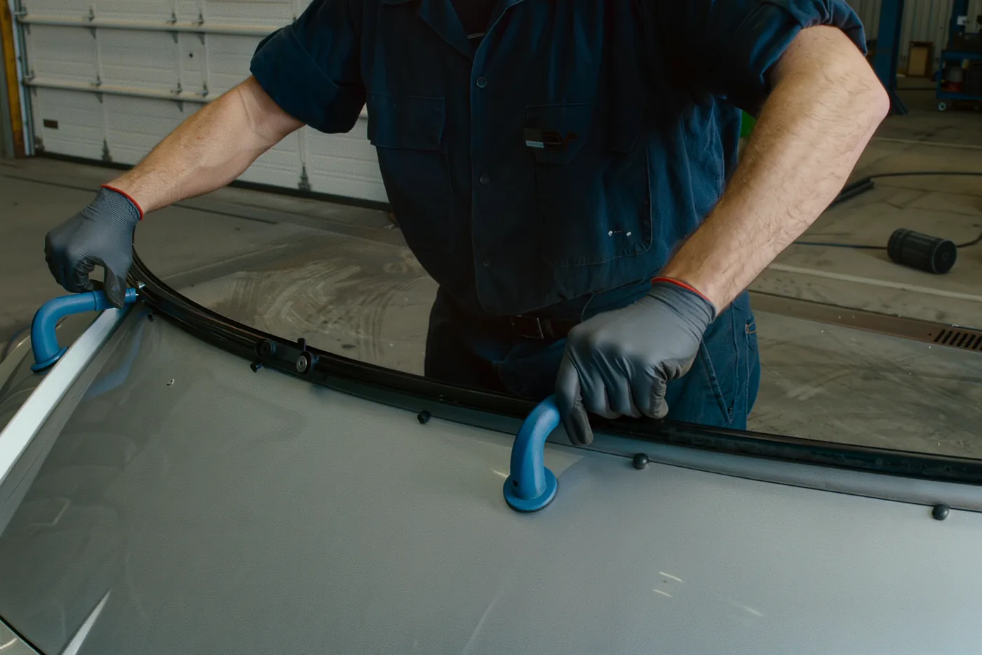 A technician's gloved hands lowering a new windshield onto the pinchweld with two suction-cup setting handles